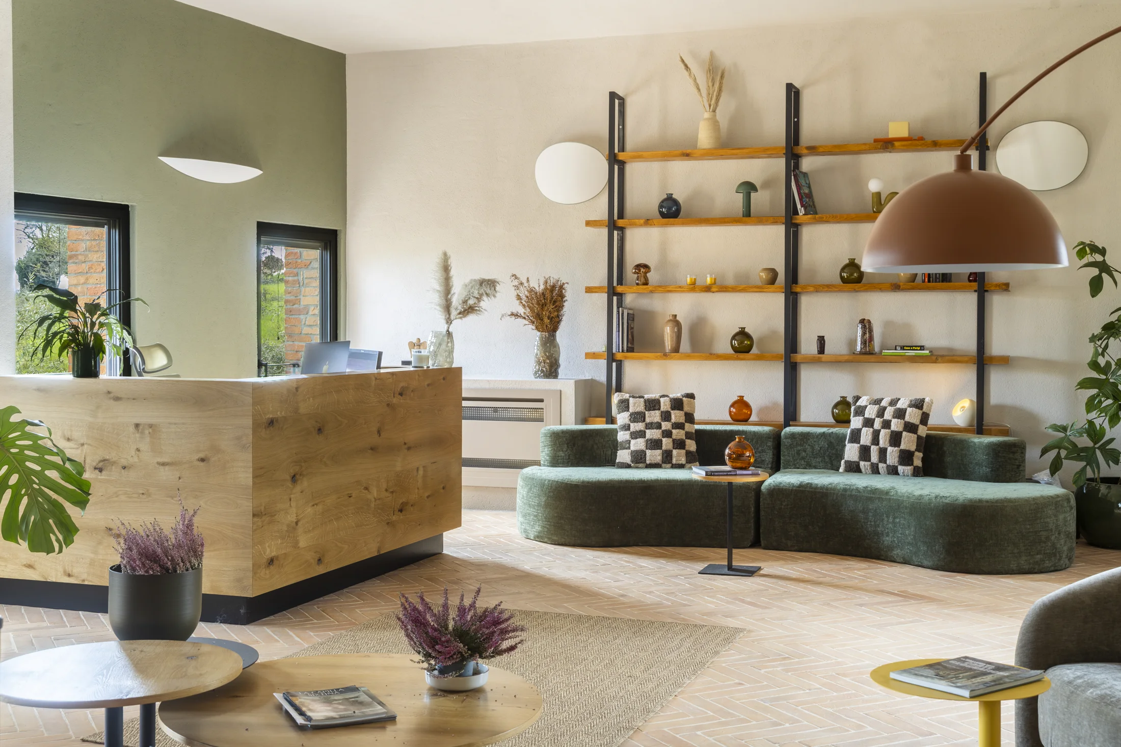 The reception at The Monteleone, with contemporary furnishings and natural materials